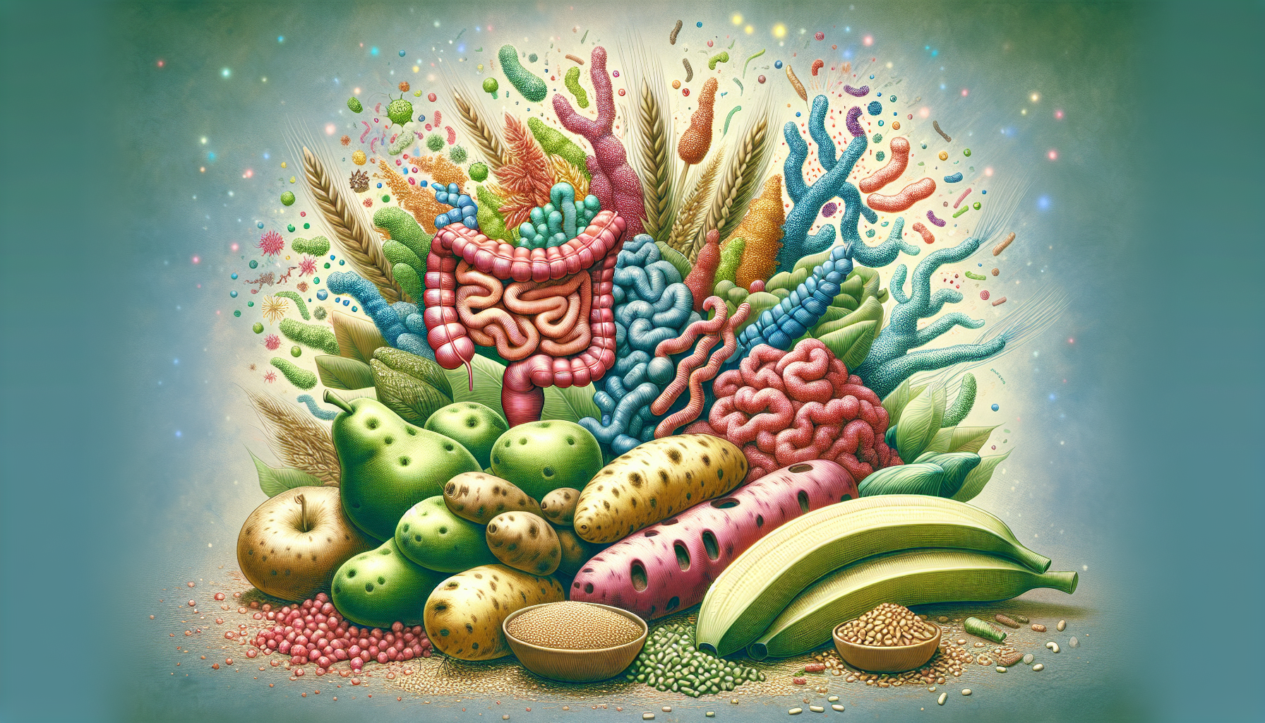 Illustration Of A Healthy Gut With Various Types Of Beneficial Microbes