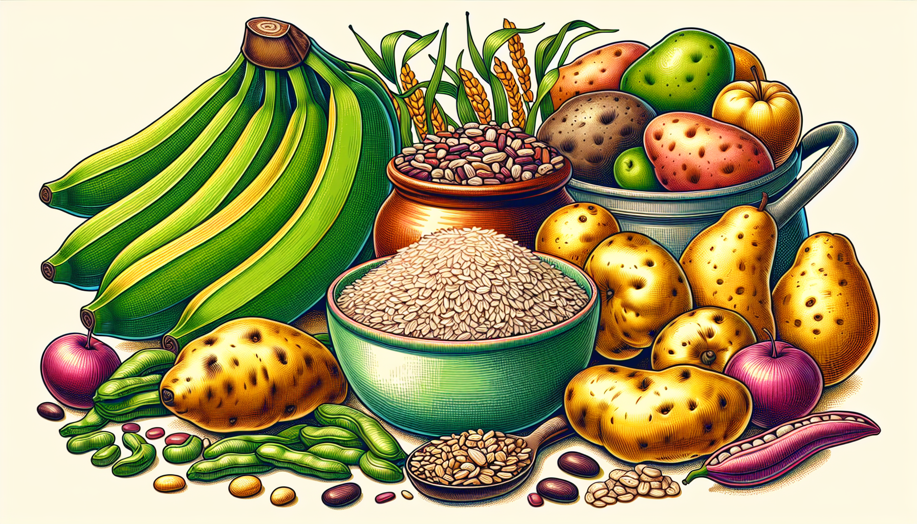 Illustration Of Various Foods High In Resistant Starch Such As Green Bananas, Potatoes, Rice, Oats, And Beans